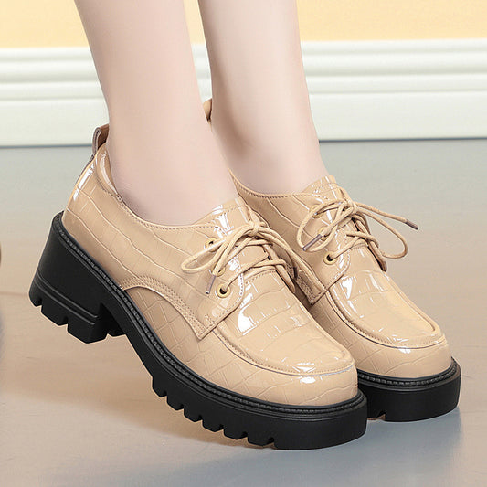 New Genuine Leather Chunky Heel Platform Lace-up Leather Shoes