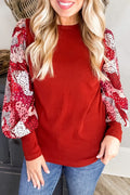 Fiery Red Contrast Mixed Animal Print Lantern Sleeve Patchwork Top Fiery Red 93%Viscose+7%Elastane Dear-Lover Dropshipping Tops/Long Sleeve Tops