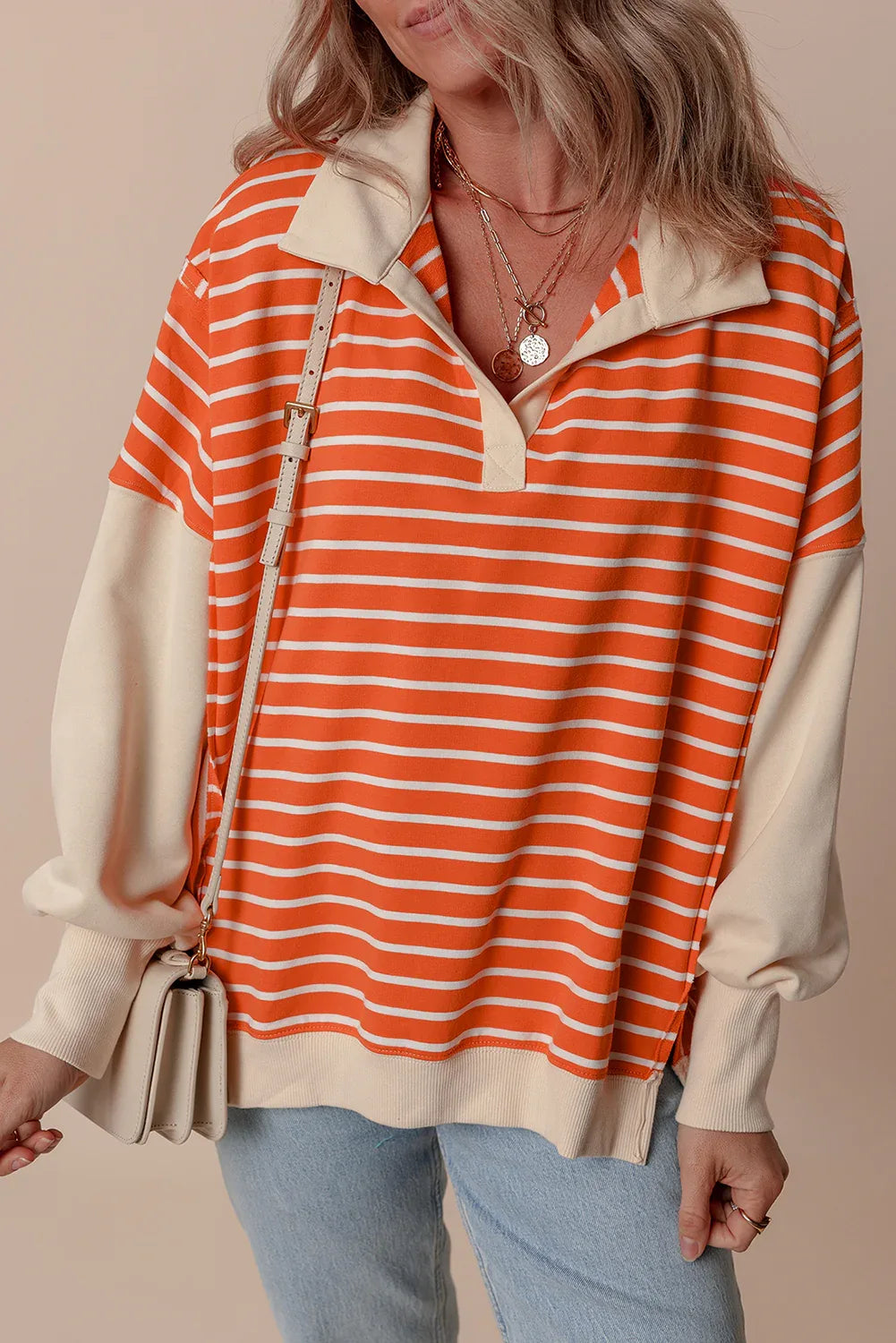 Orange Stripe Color Block Loose Fit Collared Drop Shoulder Sweatshirt Orange Stripe 95%Cotton+5%Elastane Bazaare Mart Tops/Sweatshirts & Hoodies