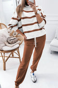 Brown Striped Drop Shoulder Pullover and Jogger Set Brown Stripe 100%Polyester Bazaare Mart Two Piece Sets/Pant Sets