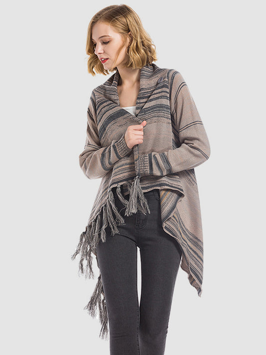 Grey Angel Wings Tassel Striped Open Front Long Sleeve Cardigan