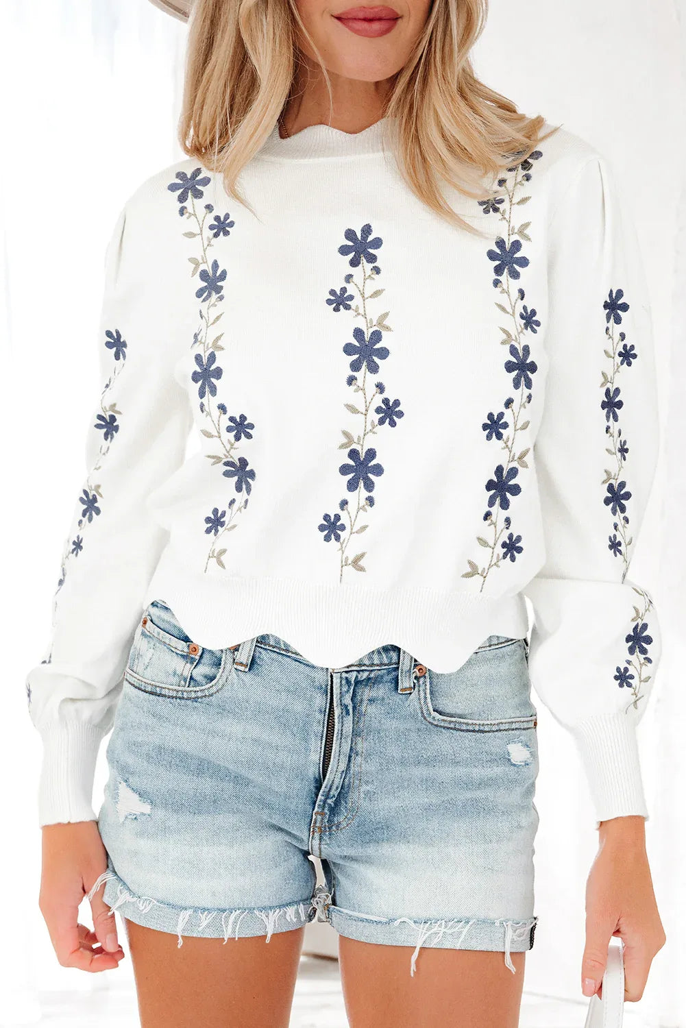 White Floral Embroidered Scallop Hem Cropped Sweater Bazaare Mart Sweaters & Cardigans/Sweaters