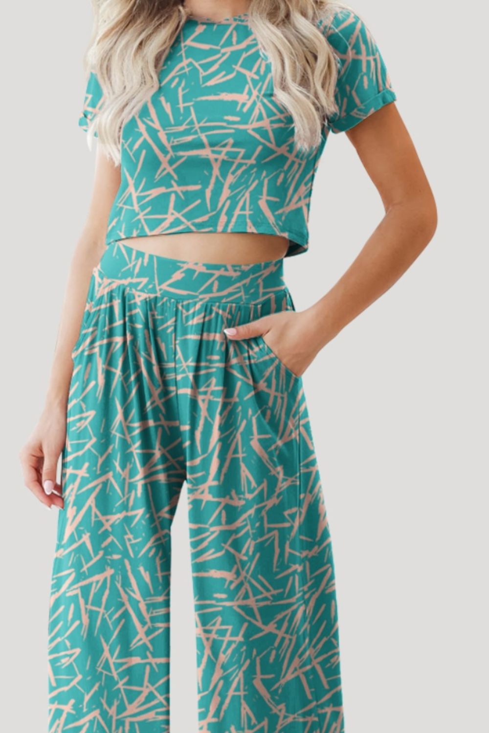 Printed Short Sleeve Wide Leg Pants Set
