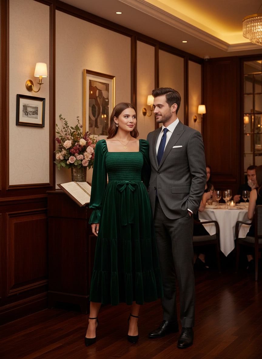 Dark Green Tiered A-line Square neck dress with long sleeves 