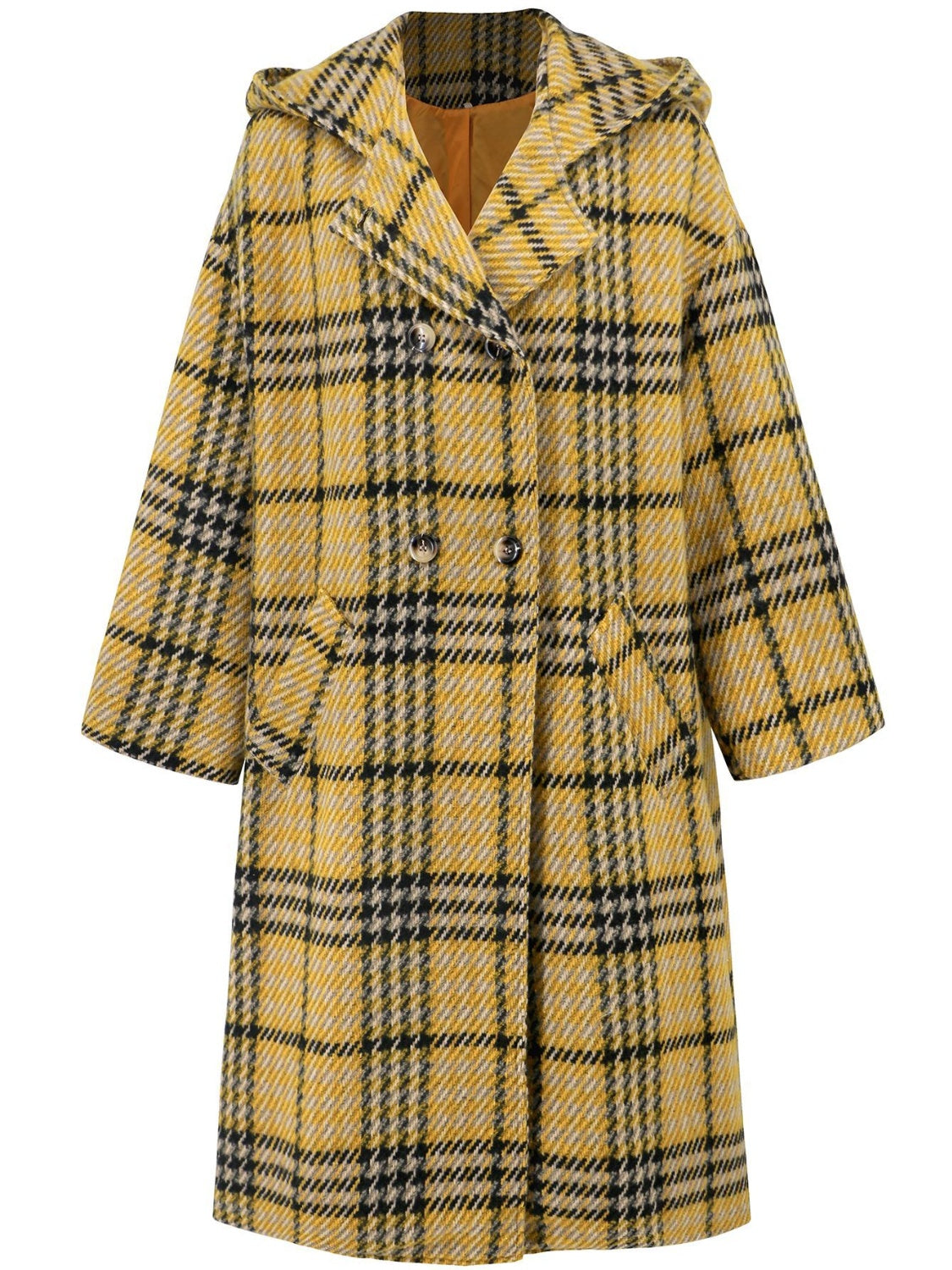 Plaid Double-Breasted Hooded Dress Coat