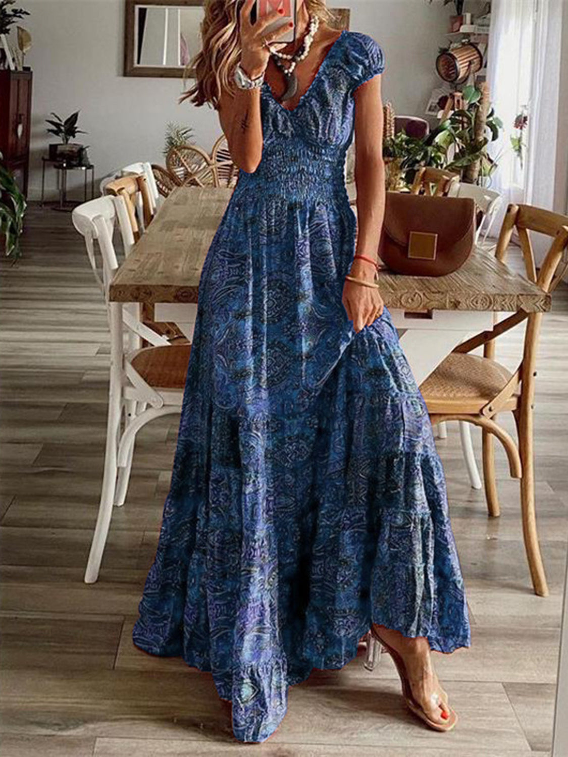 Blue Floral Puff Short Sleeve Maxi