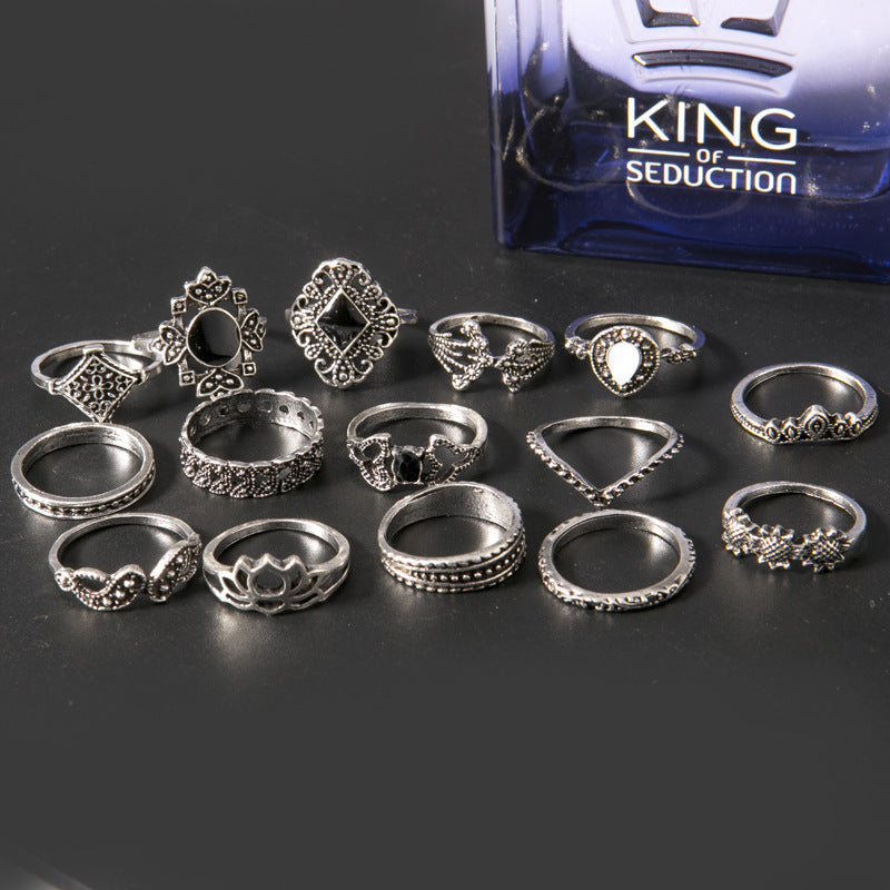 Black & Silver 15 Piece Alloy Vintage Ring Set