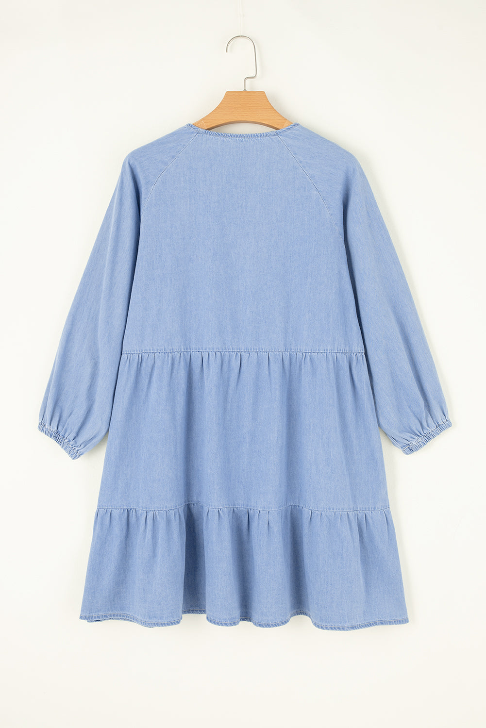 Light Blue 3/4 Puff Sleeve V Neck Tiered Ruffled Chambray Mini Dress