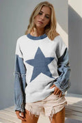 Star Pattern Raw Edge Sweater White Bazaare Mart Pullover Sweater