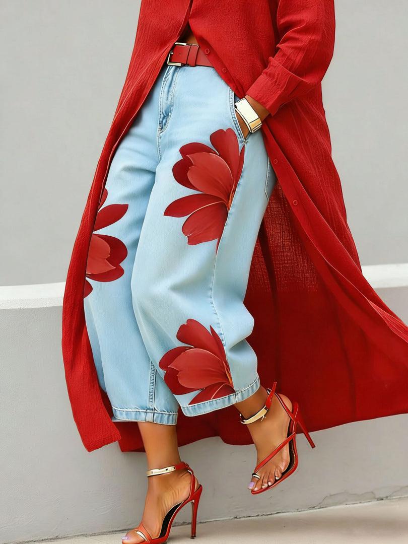 Women’s Loose Wide-Leg Printed Trousers – Comfortable Elegant Casual Pants Light Blue CJ Dropshipping Wide Leg Painted Floral Jeans