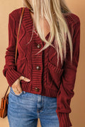 Cable-Knit Button Down V-Neck Cardigan Burgundy Bazaare Mart Cable-Knit Button Down V-Neck Cardigan