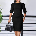 Round Neck Puff 3/4 Sleeve Peplum Dress Black Bazaare Mart Office Dress