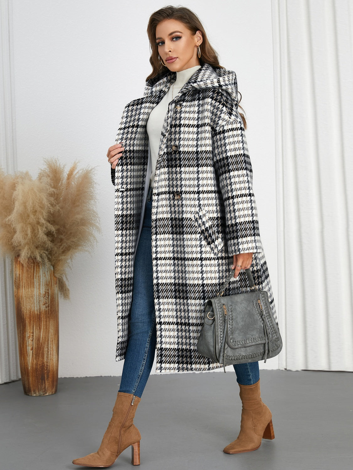 Plaid Double-Breasted Hooded Dress Coat