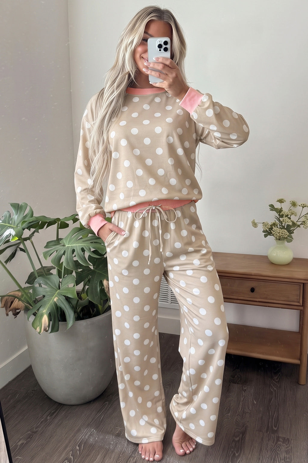 Polka Dot Contrast Trim Top & Drawstring Pants Set