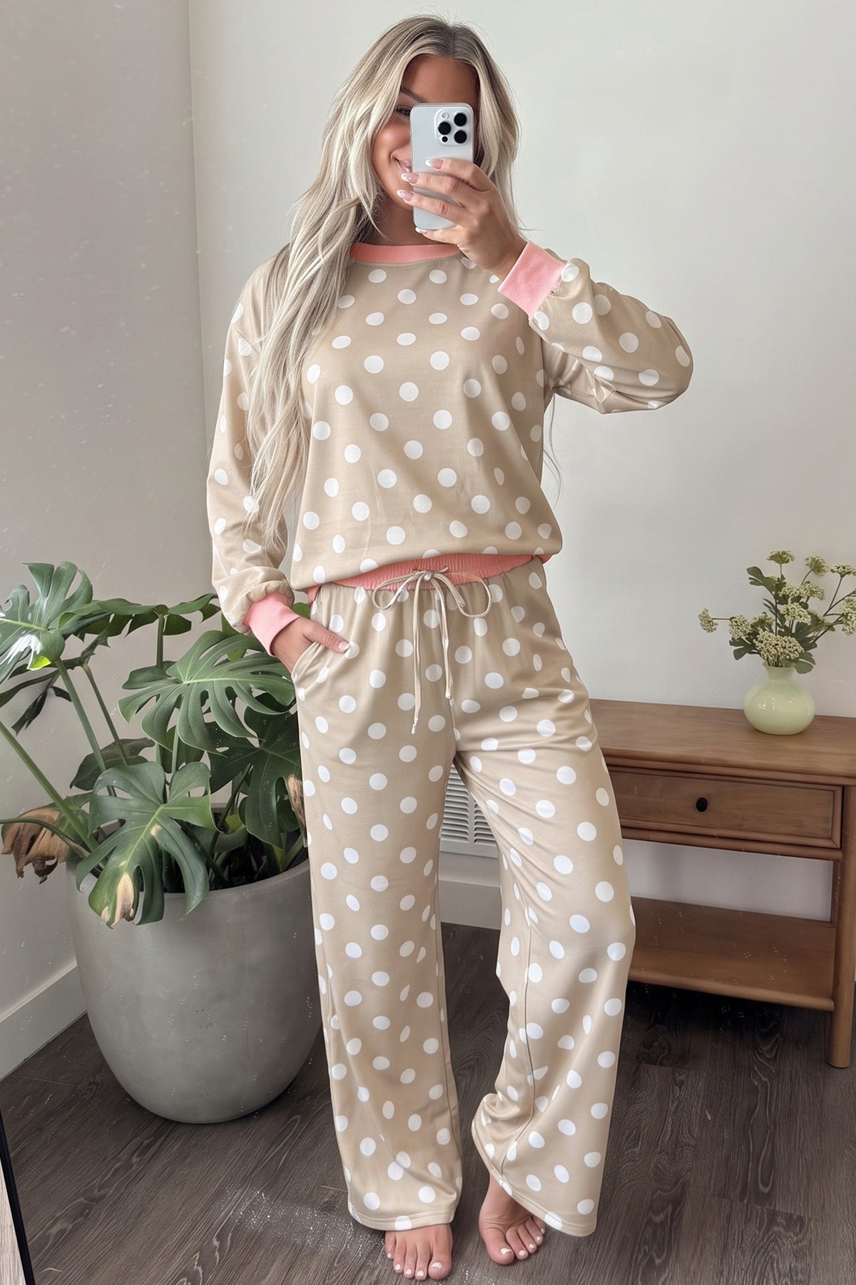Polka Dot Contrast Trim Top & Drawstring Pants Set