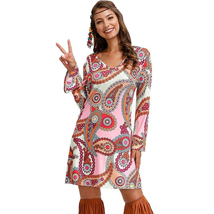 Retro ’70s Hippie Print A-Line Mini Dress Circle CJ Dropshipping Long Sleeve Hippie Dress