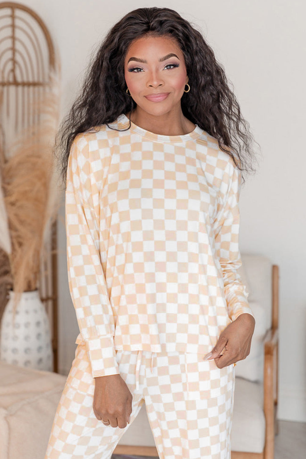 Checkered Long Sleeve Top and Pants Lounge Set