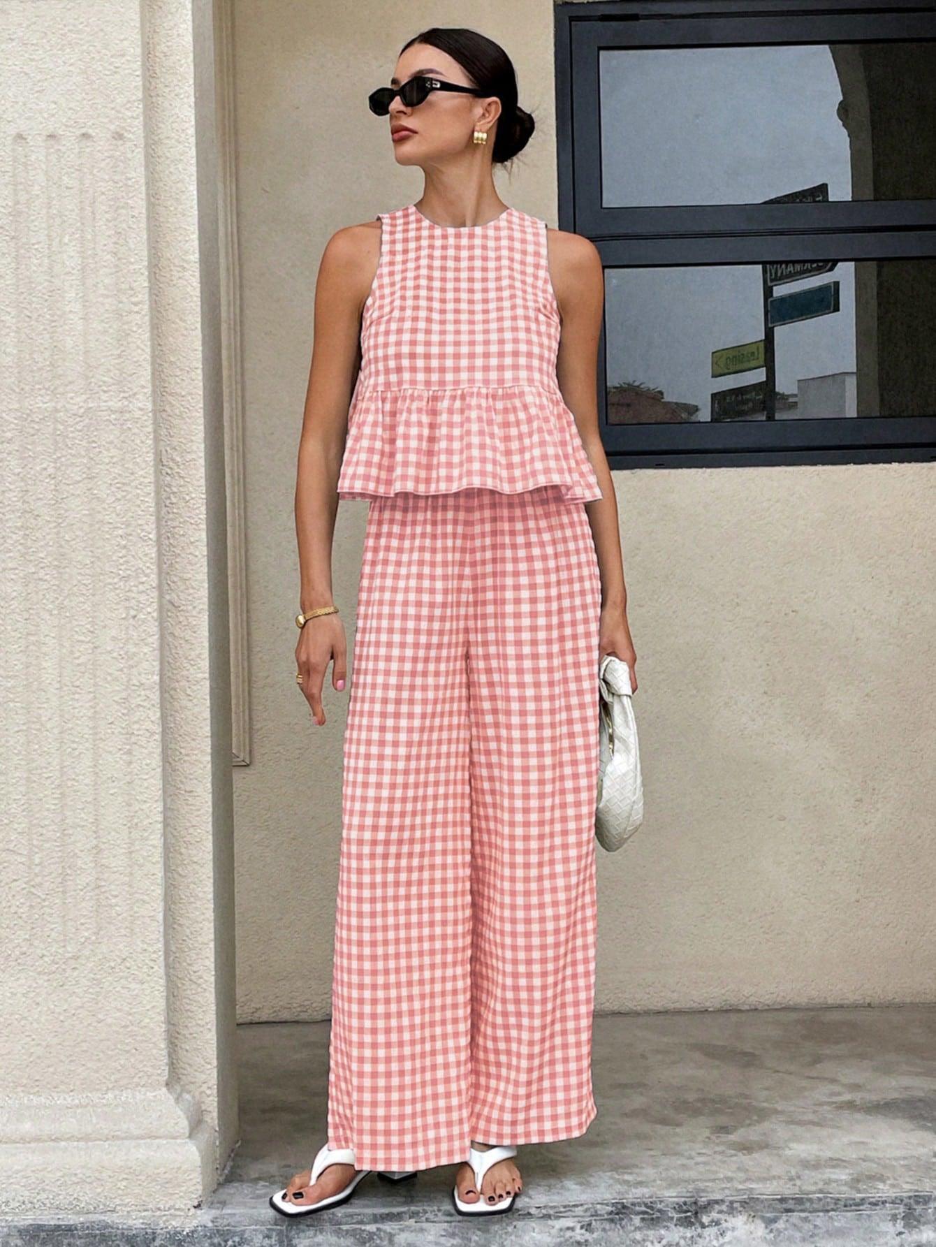 Retro Plaid Sleeveless Top With Ruffled Hem And Straight-leg Pants Pink CJ Dropshipping Retro Plaid Sleeveless Pants Set