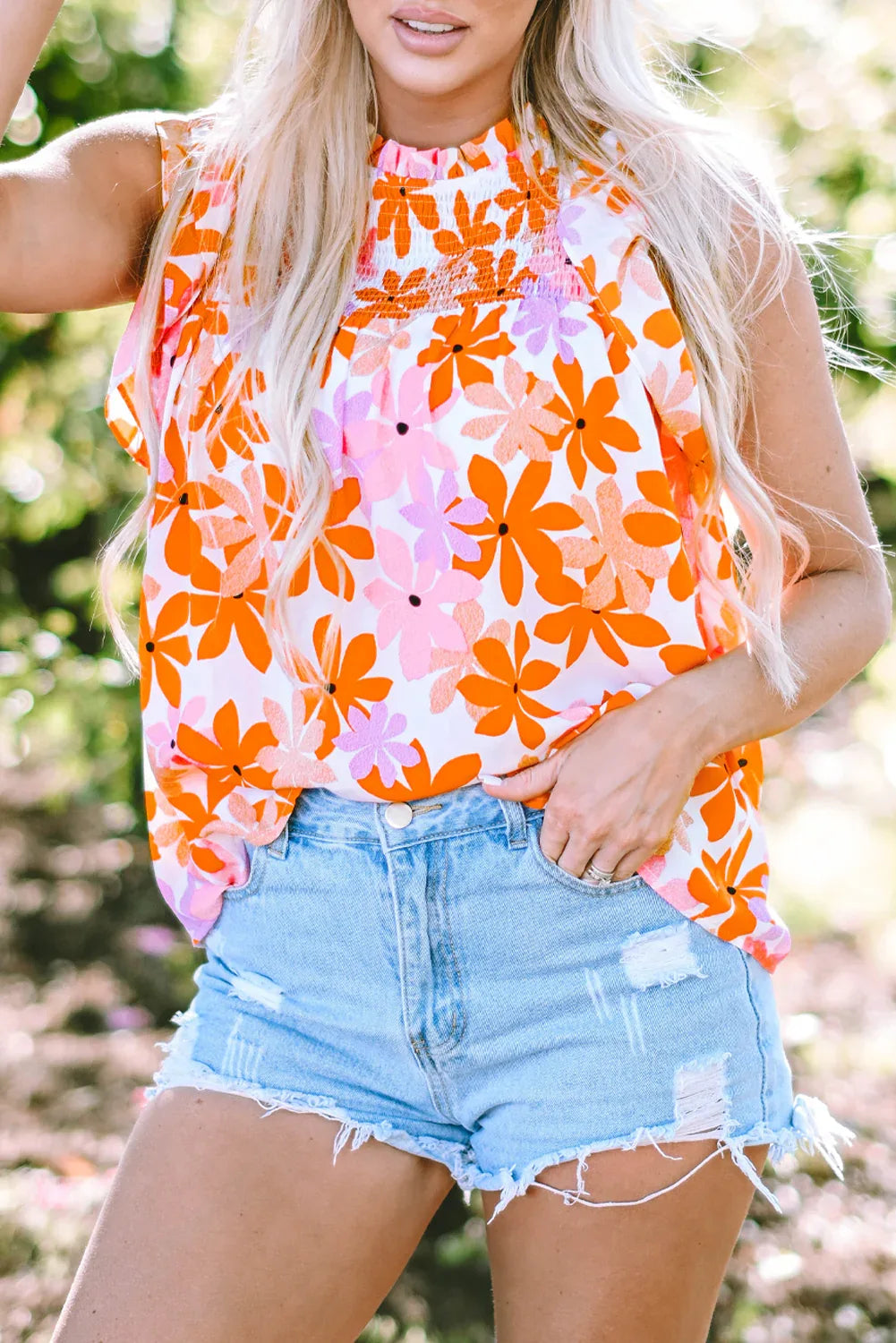 Orange Ruffled Sleeve Smocked Floral Top Bazaare Mart Tops