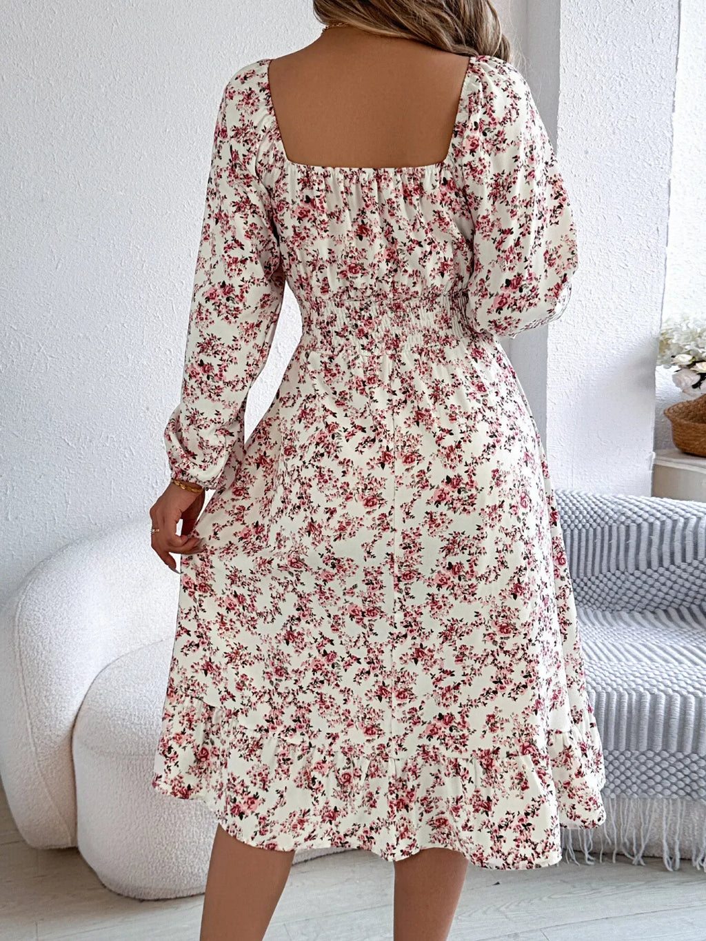 Floral Long Sleeve Square Neck Midi Dress Bazaare Mart Long Sleeve Floral Peasant Dress