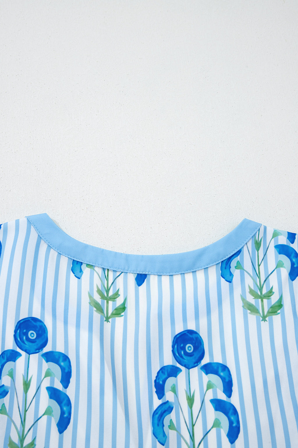 Sky Blue Floral Striped Print Tie Notched Neck Puff Sleeve Flared Mini Dress Dear-Lover Dropshipping Dresses/Floral Dresses