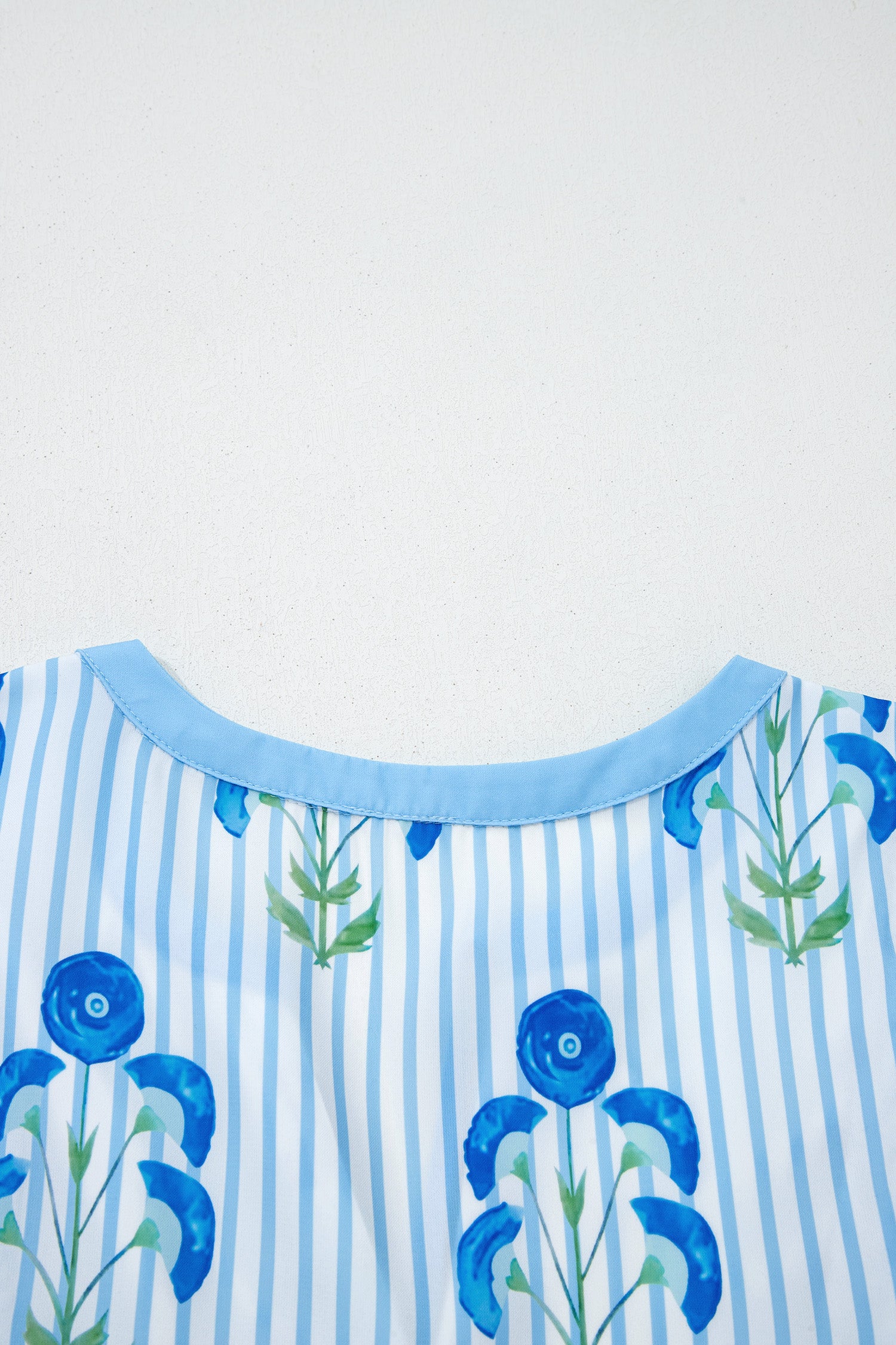 Sky Blue Floral Striped Print Tie Notched Neck Puff Sleeve Flared Mini Dress Dear-Lover Dropshipping Dresses/Floral Dresses
