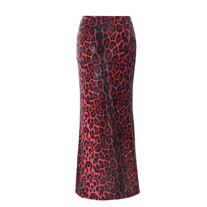 Leopard Print Sequin Maxi Skirt