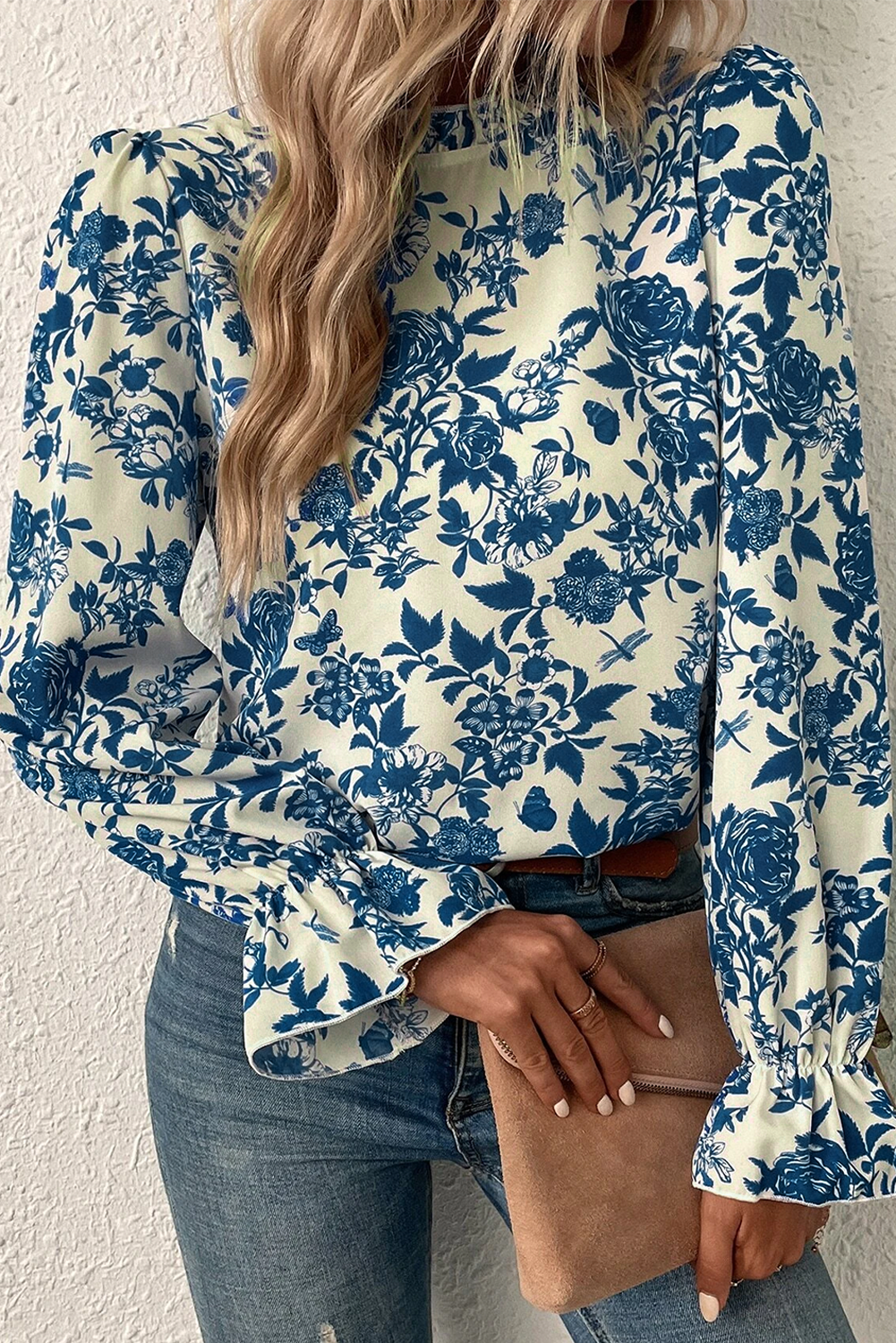 Retro Blue Floral Long Puff Sleeve Keyhole Back Blouse