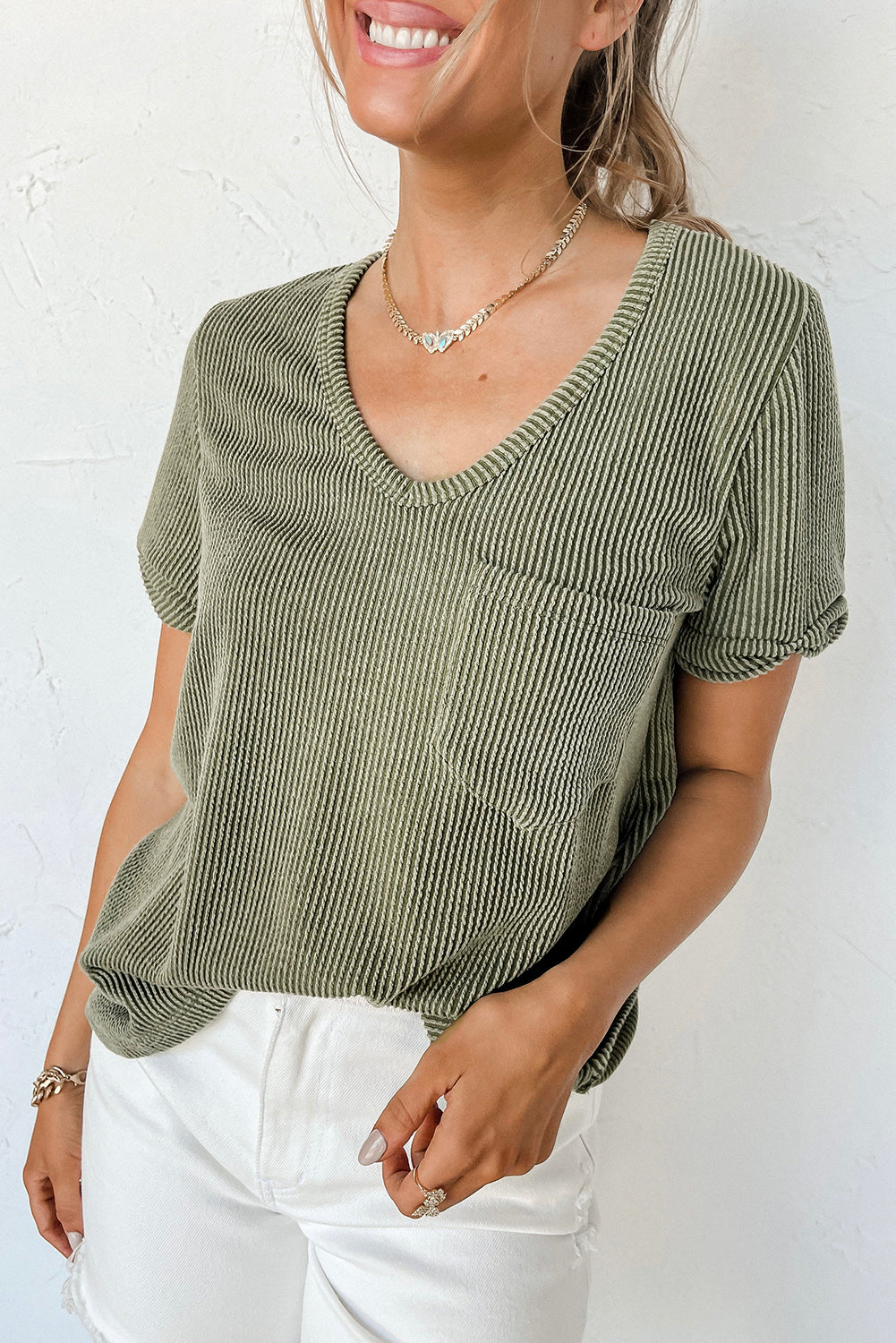 Laurel Green Corded V Neck Top