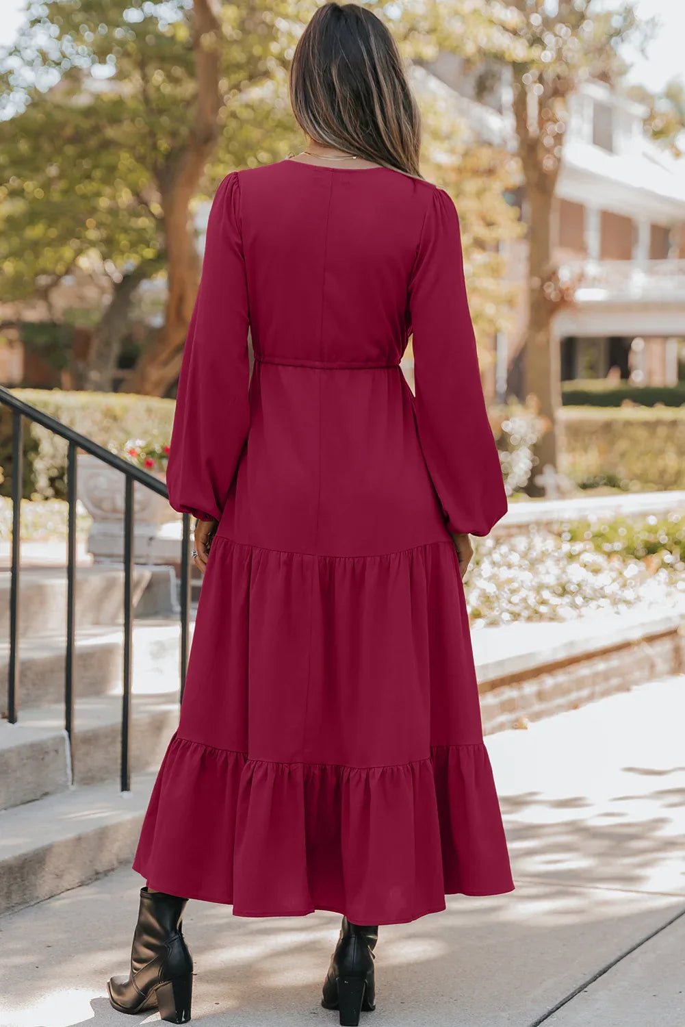Burgundy Tiered Long Sleeve V Neck Maxi Dress Bazaarre Mart Dresses/Maxi Dresses
