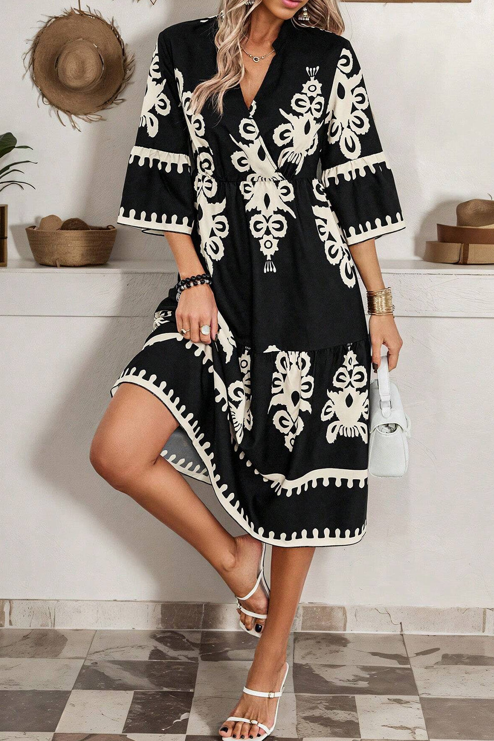 B&W Boho 3/4 Sleeve Loose Midi Dress