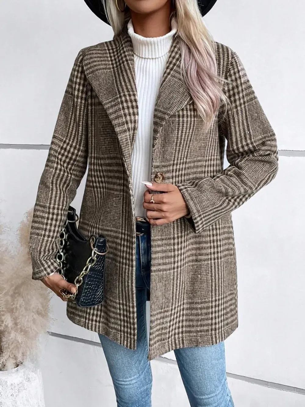 Plaid Big Collar Long Jacket Coffee Brown