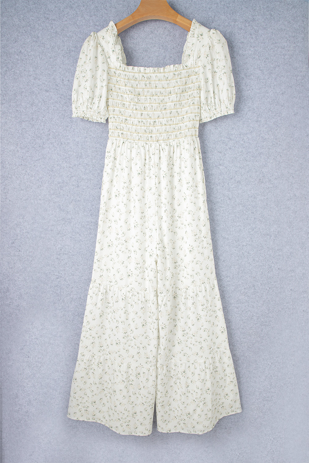White Floral Smocked Wide Leg Short Puff Sleeve Jumpsuit
