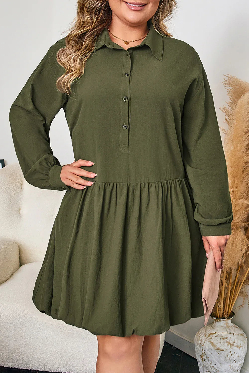 Olive Green Collared Half Button Long Sleeve Ruffle Hem Mini Dress Bazaare Mart Plus Size/Plus Size Dresses/Plus Size Mini Dresses