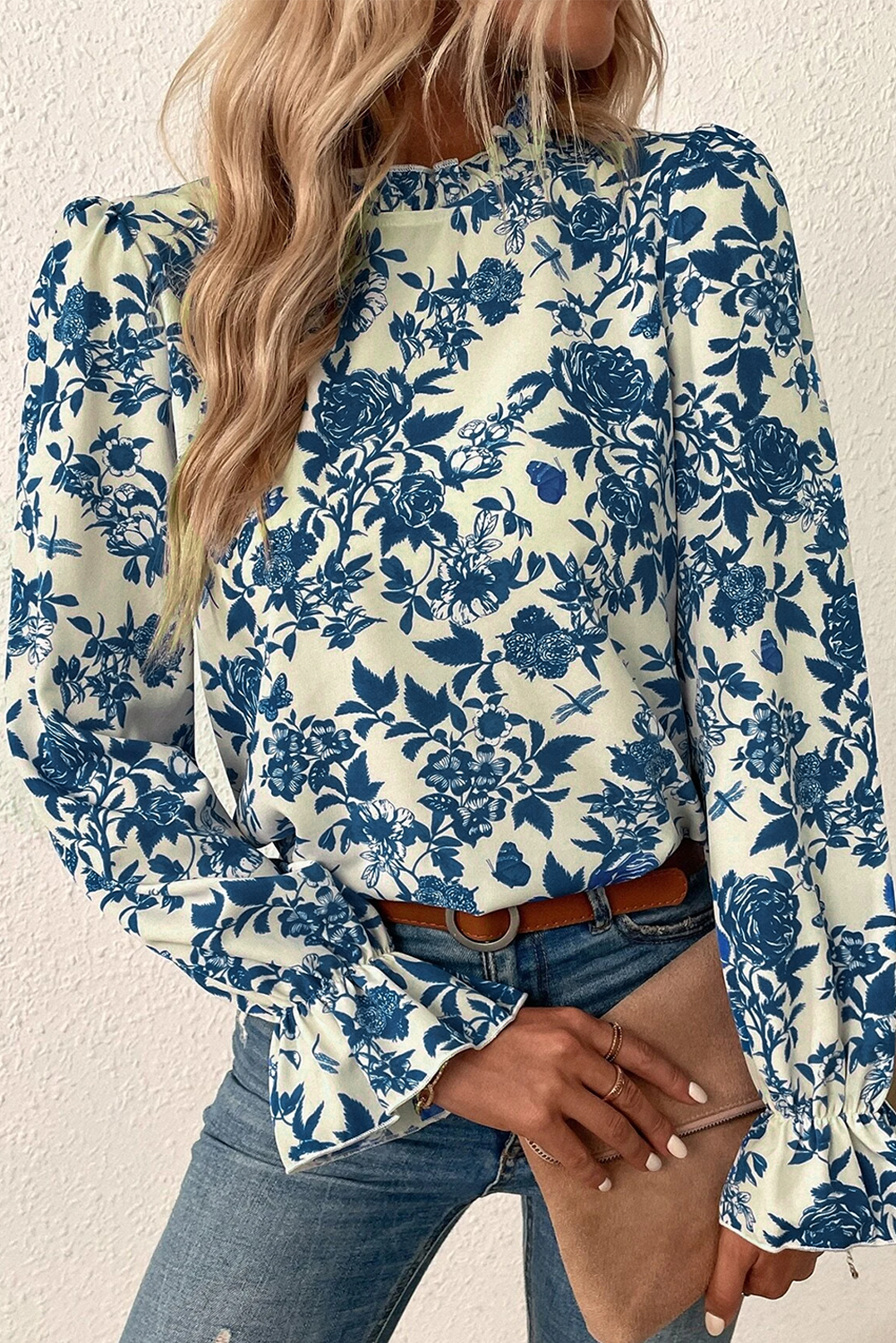 Retro Blue Floral Long Puff Sleeve Keyhole Back Blouse