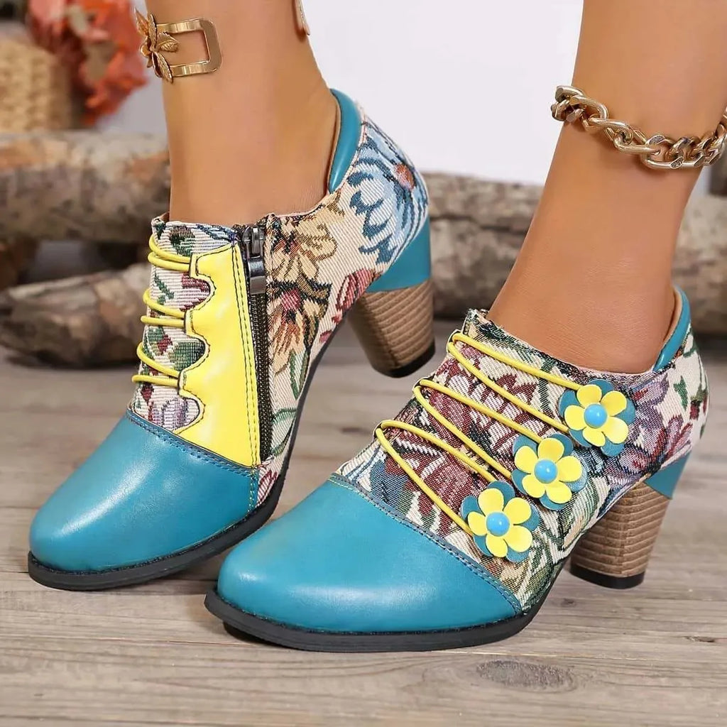 Vintage Bohemian Patchwork Ankle Boots Peacock Blue Bazaare Mart Vintage Boot Shoes