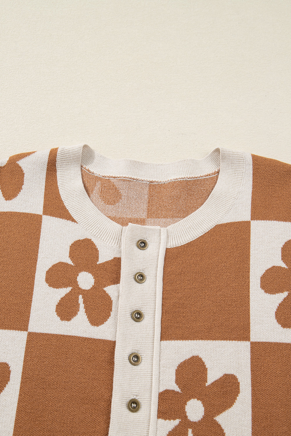 Brown Flower Colorblock Checkered Henley Sweater