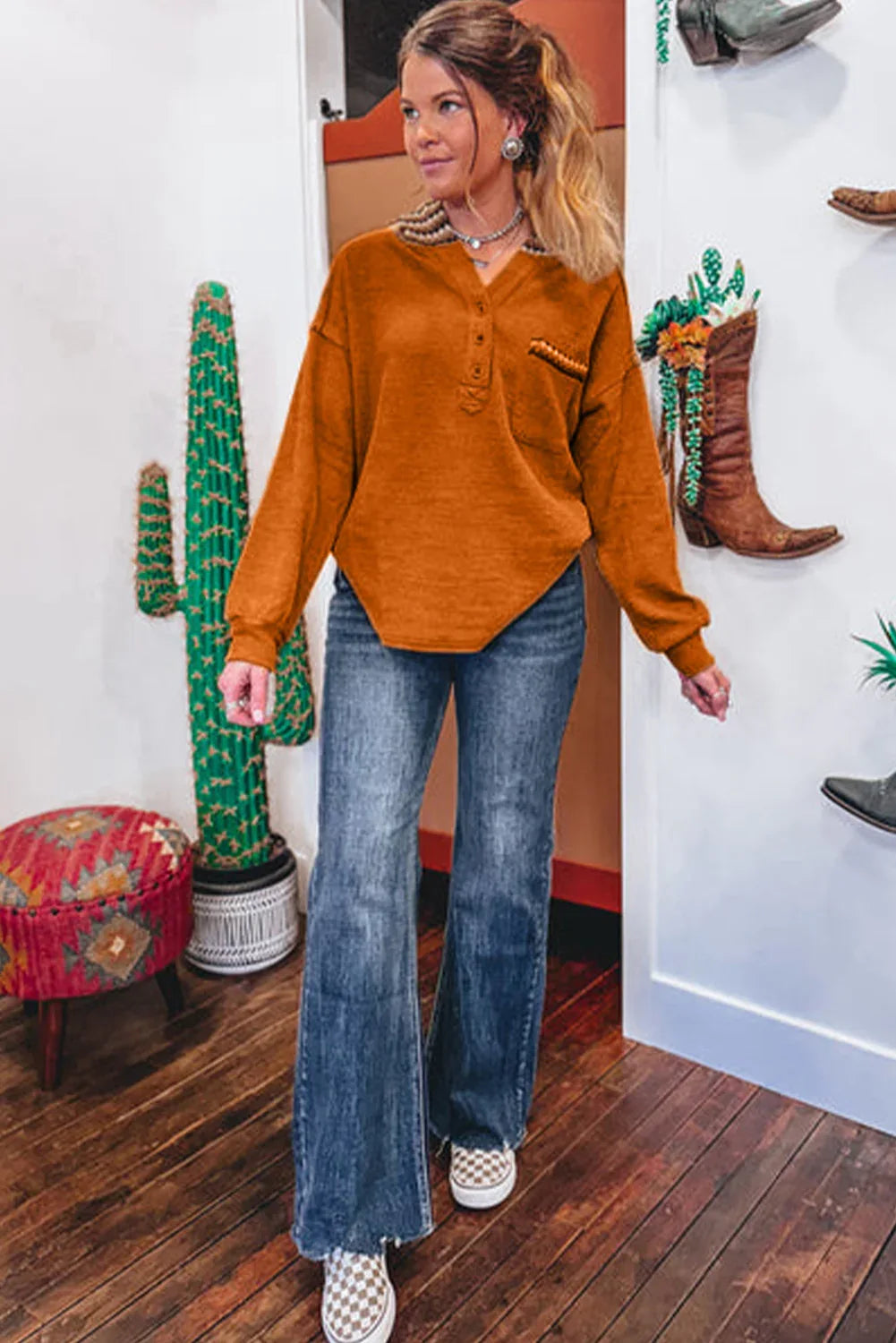 Colorblock Plaid Hooded Henley Shewin Sweatshirts & Hoodies