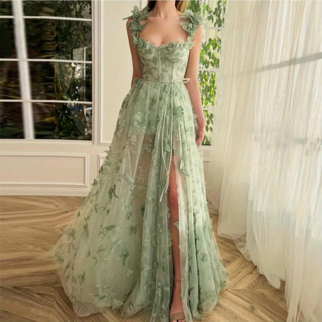 Elegant Long Sheer Flowy Floral & Butterfly Lace Gown