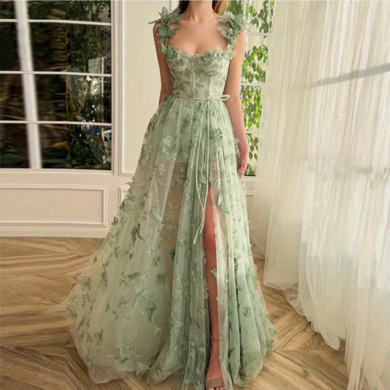 Elegant Long Sheer Flowy Floral & Butterfly Lace Gown