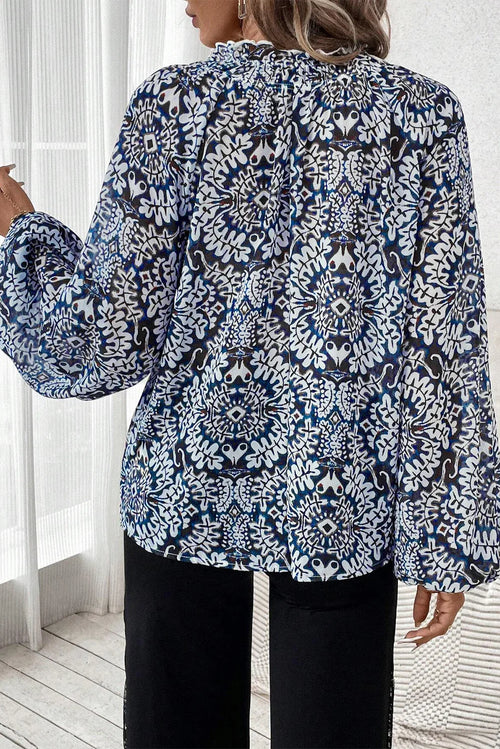 Blue Tribal Print Lace-up Frilled Neck Puff Sleeve Blouse Dear-Lover Dropshipping Tops/Blouses & Shirts
