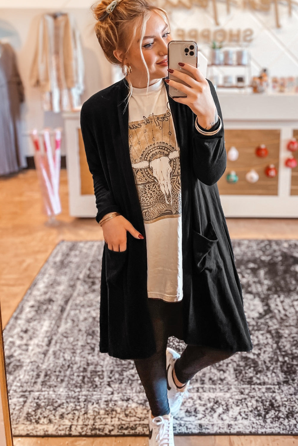 Black Knee Length Open Front Cardigan