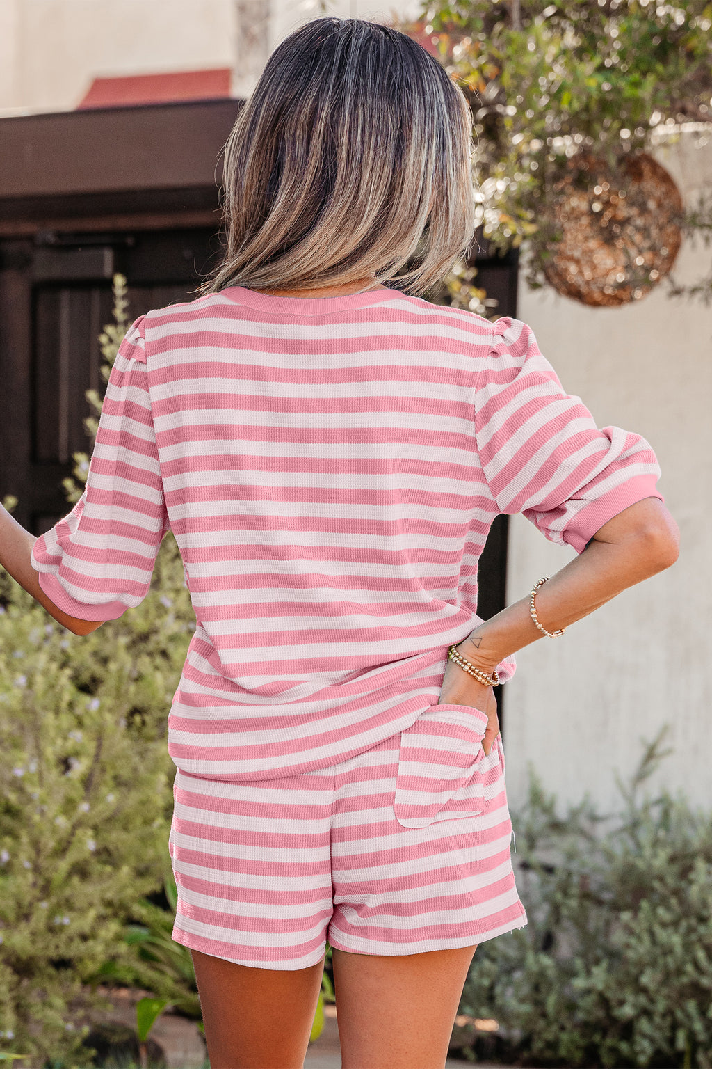 Striped Puff Half Sleeve T Shirt Shorts Set Dear-Lover Dropshipping Two Piece Sets/Short Sets