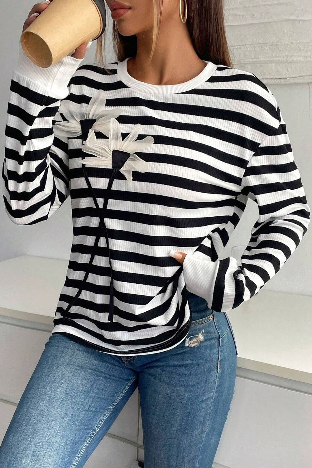 B&W Striped Floral Applique Long Sleeve Top