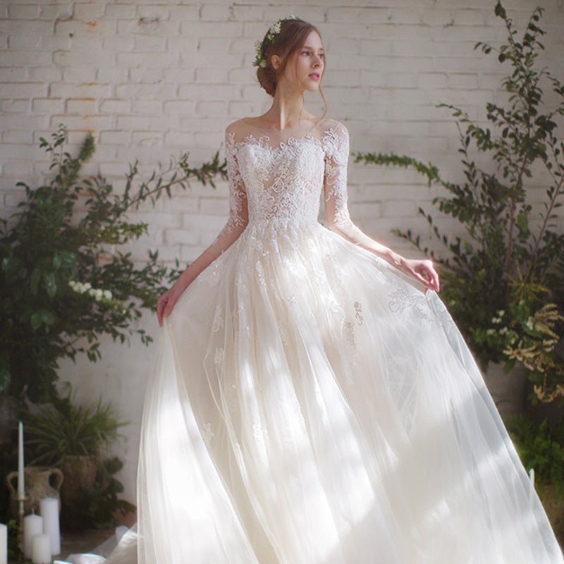 Off Shoulder 3/4 Lace Sleeve Formal Wedding Gown