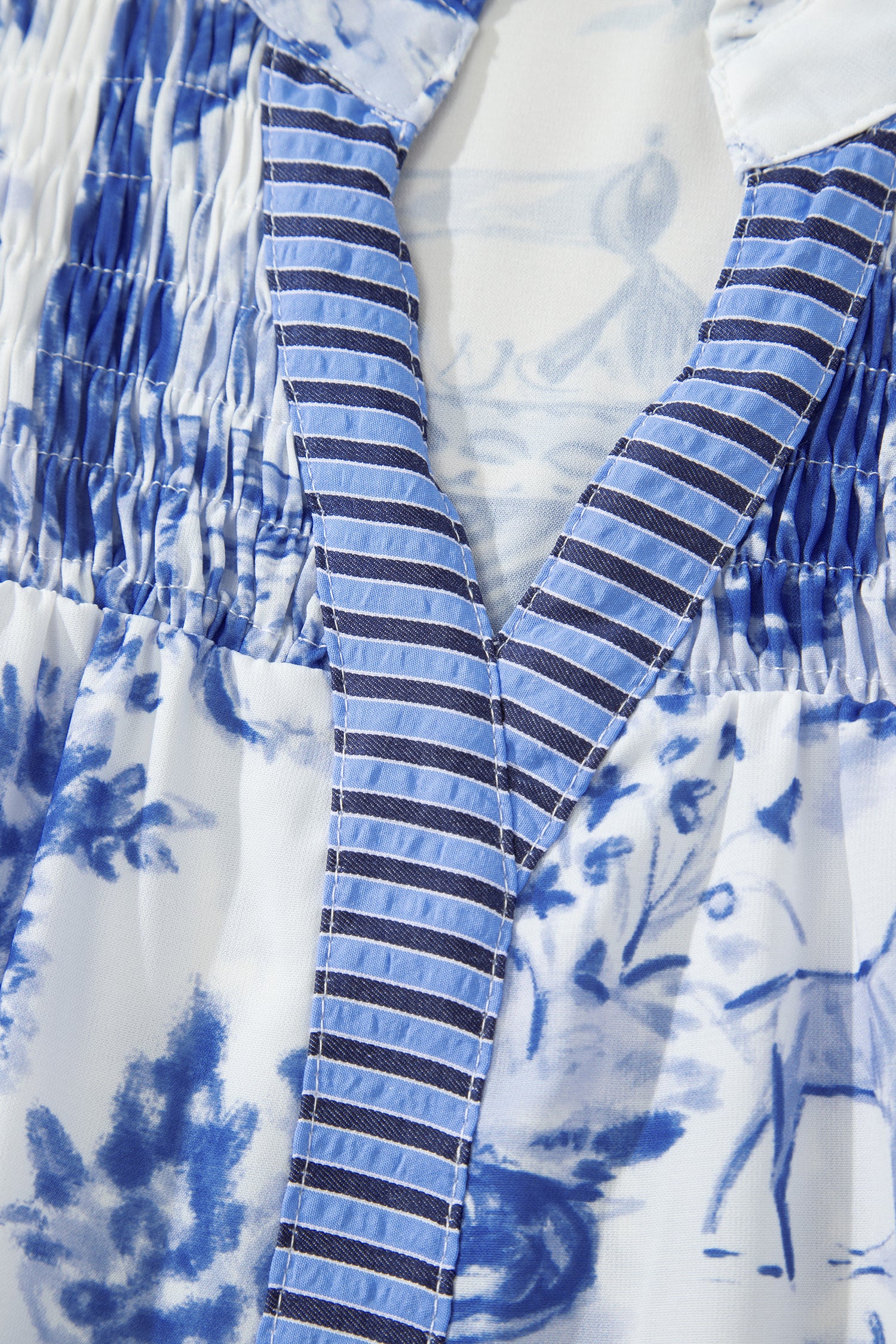 Blue Toile Print Smocked Puff Sleeve Blouse Dear-Lover Dropshipping Tops/Blouses & Shirts