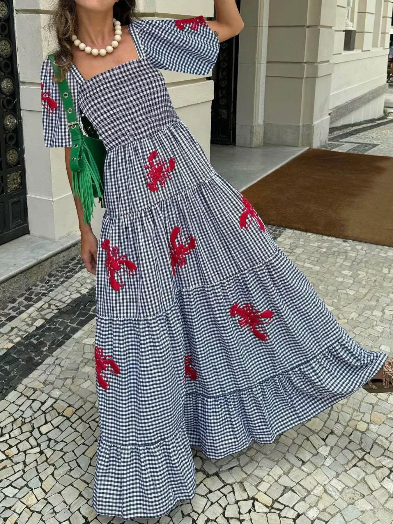 Square Neck Tiered Maxi Dress Blue Bazaare Mart Embroidered Gingham Maxi Dress