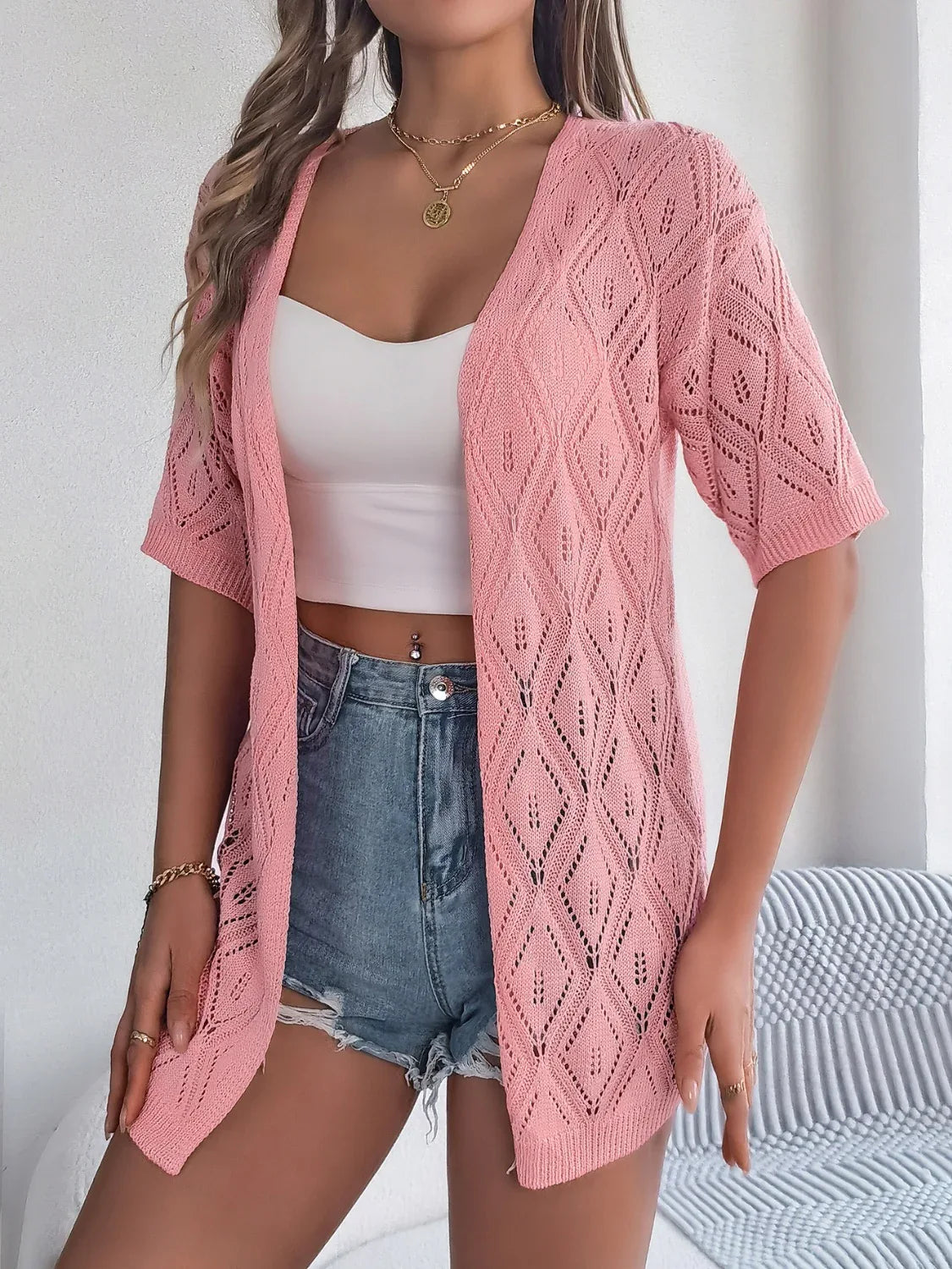 Openwork Open Front Half Sleeve Cardigan Trendsi Openwork Open Front Half Sleeve Cardigan