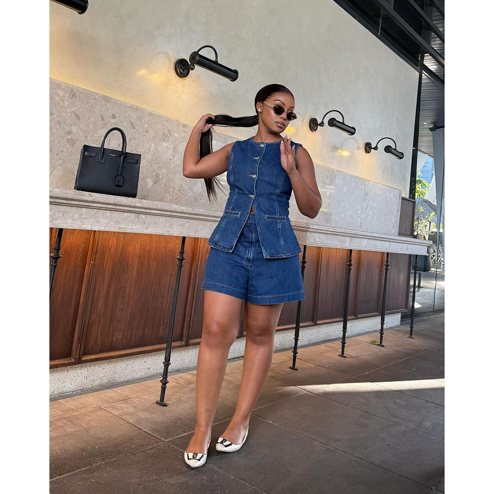 Women’s Sleeveless Denim-Inspired Top & Shorts Set – Casual 2-Piece Outfit CJ Dropshipping Button Up Sleeveless Denim Shorts Set