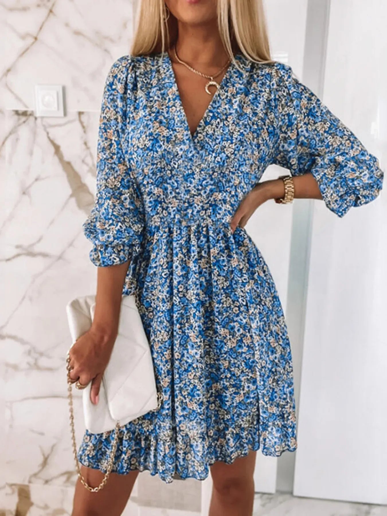 V-Neck Ruffled Hem 3/4 Sleeve Floral Dress Bazaare Mart Ruffled Hem Floral Dress Plus Size